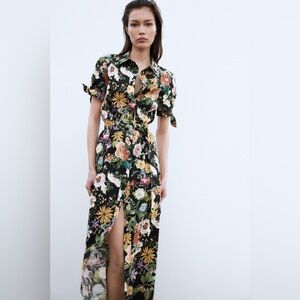 Zara Black Floral Print Poplin Midi Dress | Size M | NWOT